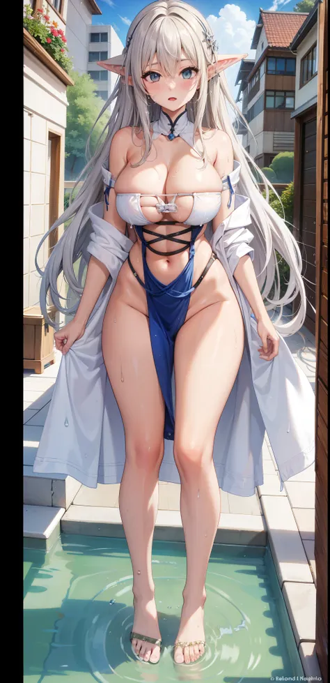 wife，  big breasts  ， bare torso ,    long white hair，Elf ears，outcrop，纹胸，Big thighs ，wet，Water Drops。Aho,bath towel