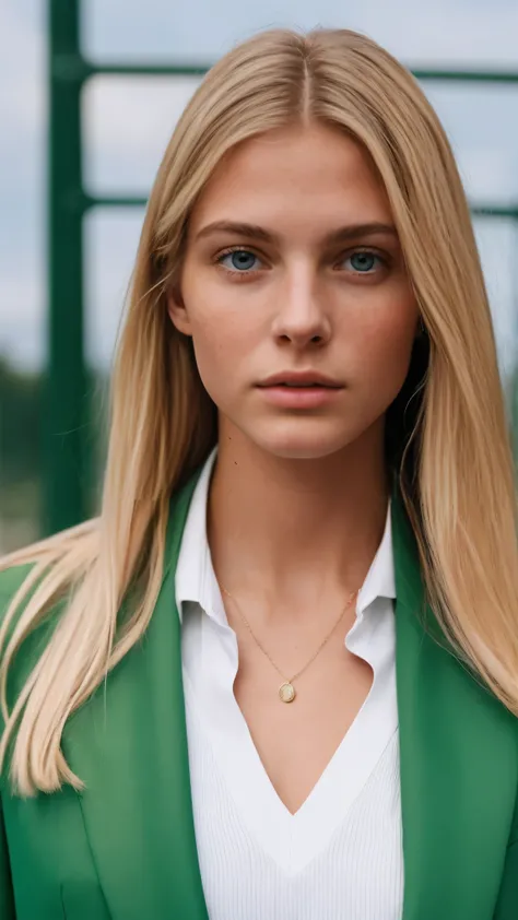 photo of a blonde girl, coat, 17years, large and pronounced bust, long straight hair, green eyes, tennis suit with great Red neckline