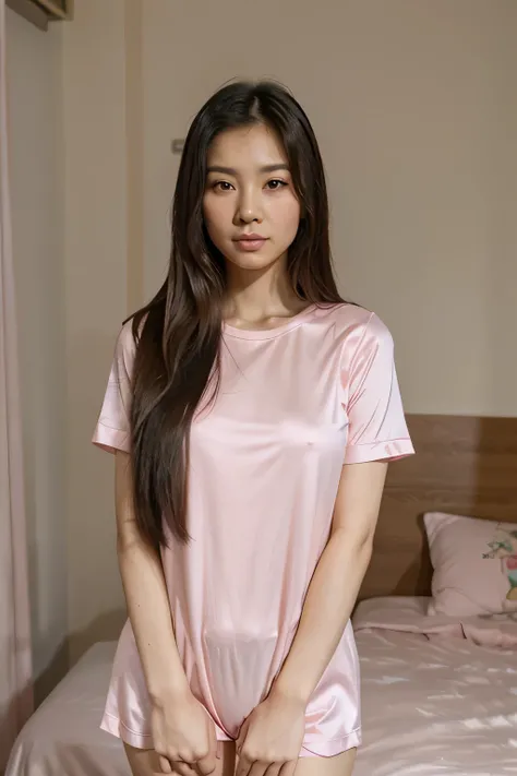 asian woman, long straight hair, pink pajama, medium sized breasts, front view, small piece of paper on top of shirt, not revealing