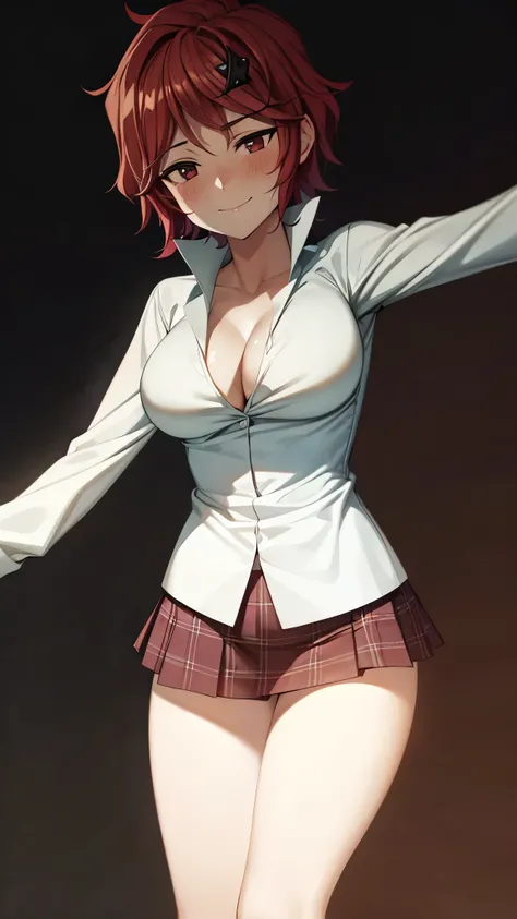 （ super high quality , super high resolution ,16k,super masterpiece,Ultra HD ,Detailed shading and background,）Sexy Girl,（A white naked shirt that is spread wide and stands, cleavage, plaid mini skirt,） gentle smile ,blush,Classroom where the sunset shines...