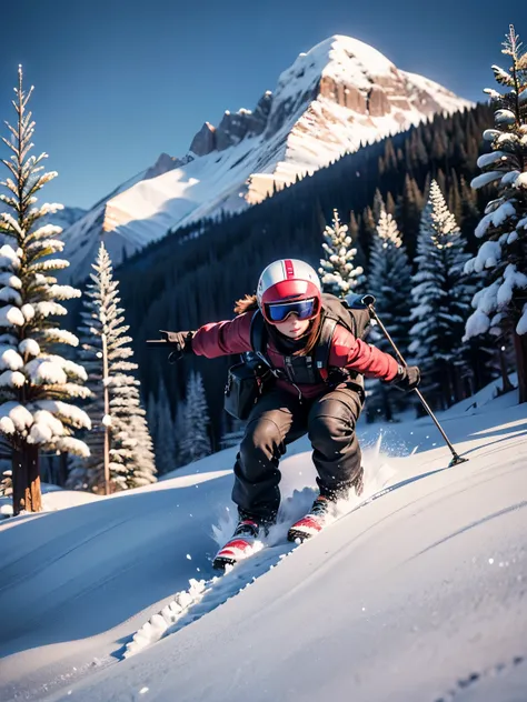 a skier skiing down a snowy mountain, detailed winter landscape, beautiful detailed eyes, beautiful detailed face, beautiful detailed body, action pose, dynamic movement, (best quality,4k,8k,highres,masterpiece:1.2),ultra-detailed,(realistic,photorealistic...