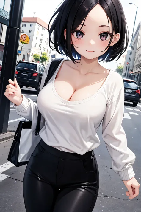 1girl，Black Hair，short hair，forehead，forehead，Smile，sweater，cleavage，black Straight pants，Around town