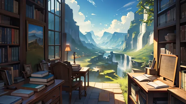 Color manga style landscape。 with a thick book open on the desk。The book is a magic book 