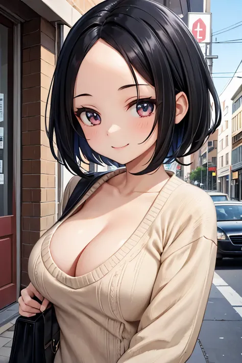 1girl，Black Hair，short hair，forehead，forehead，Smile，sweater，cleavage，Around town