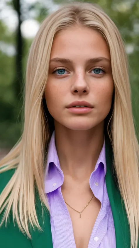 photo of a blonde girl, 20 years, large and pronounced bust, long straight hair, green eyes, with Purple Jacket