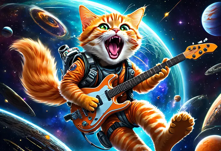 An orange tabby cat on an alien planet in space, wearing a futuristic leather vest, performing an energetic, action-packed guitar solo while shouting passionately. The cat is in mid-motion, with one leg extended forward in a powerful, dynamic leap, its mou...