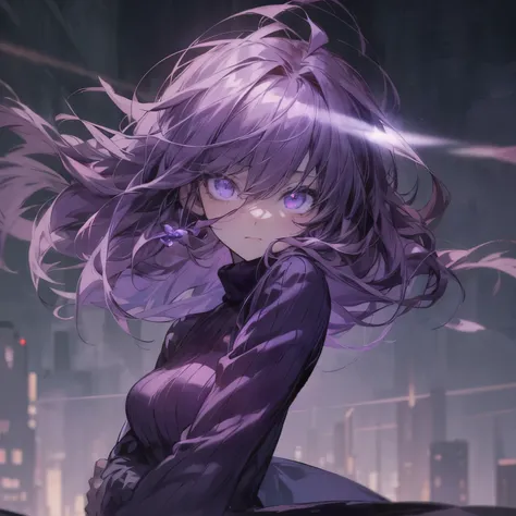 Art Style: Anime-style, digital painting, soft lighting, detailed character design
Background: Night cityscape, skyscrapers, glowing lights, deep blue tones, depth and perspective
Character Design: Burgundy-purple hair, braided with ribbon, purple eyes, bl...