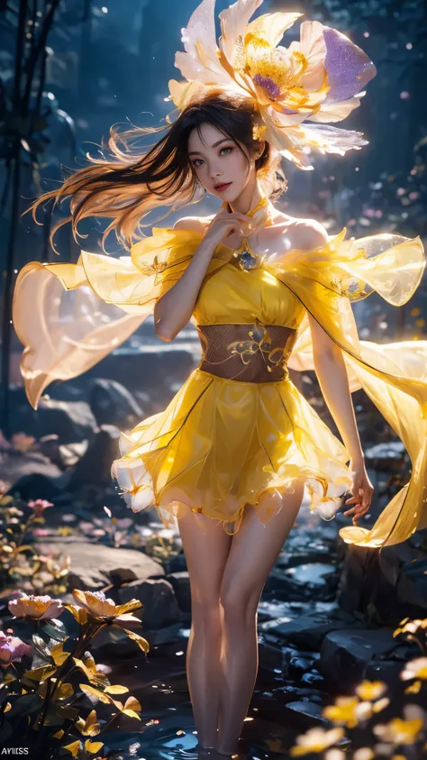 8K, masterpiece, 1 girl, beautiful face, very long hair, light makeup, (glossy skin), detailed eyes, detailed lips, small bust, fantasy clothing, blowing wind, ((yellow clothing)), ((mesh clothing)), fantasy, ((ornaments)), ((fantasy petticoat)), ((bare wa...