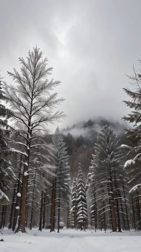 Make a scene of the forest in snowy day. Its little dark sky is full of clouds and there is fog in the forest. Big deodaer trees are full of snow.