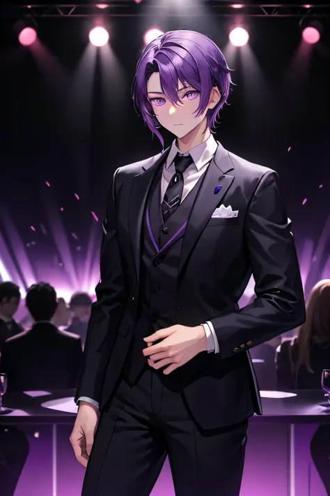 Male, purple hair, purple eyes, fair skin, 183 cm tall, club owner, wearing a suit The background is a club with no people, only lights.