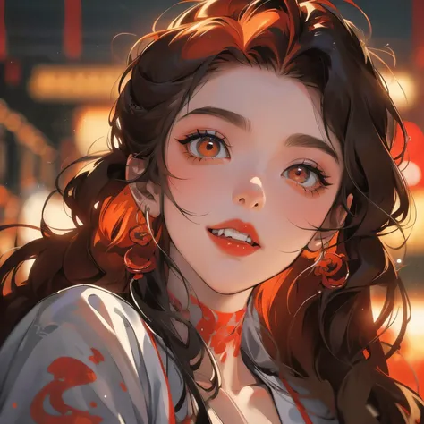 Create an intense, evocative portrait in the Japanese retro anime style of the 80s and 90s. The scene features a red vampire with sharp teeth and red hood. The red and orange and black palette intensifies the mood, evoking a sense of mystery and allure. Su...