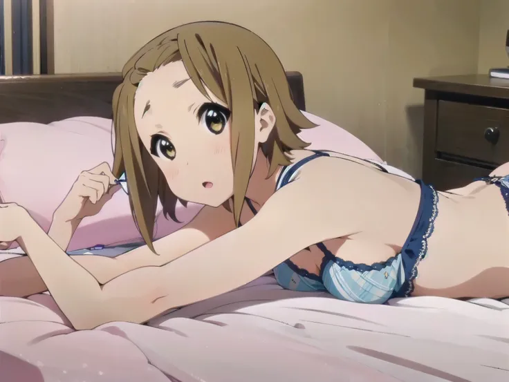 Ritsu Tainaka,Ricchan,  charm lips  ,  white skin,  lace bra and panties, relaxed vibe  , medium body, Lie on your back on a bed in the bedroom ,