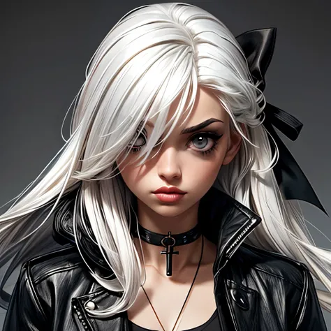 score_9, score_8_up, score_7_up, Goth girl, Goth girl 1girl 1girl,solo,long hair,looking at viewer,simple background,black hair, jewelry,white hair,multicolored hair,choker,black eyes,grey background,necklace,(hair over one eye),two-tone hair,cross,portrai...