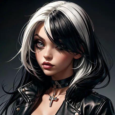 score_9, score_8_up, score_7_up, Goth girl, Goth girl 1girl 1girl,solo,long hair,looking at viewer,simple background,black hair, jewelry,white hair,multicolored hair,choker,black eyes,grey background,necklace,(hair over one eye),two-tone hair,cross,portrai...