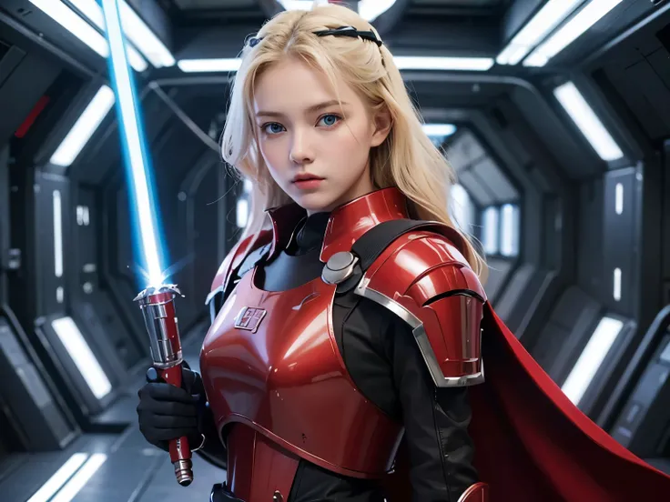 A beautiful woman. Sixteen years old. Blonde hair and blue eyes. She is wearing red armor. She is looking at the camera with a defiant expression. She holds a lightsaber in one hand. Shes in a spaceship.