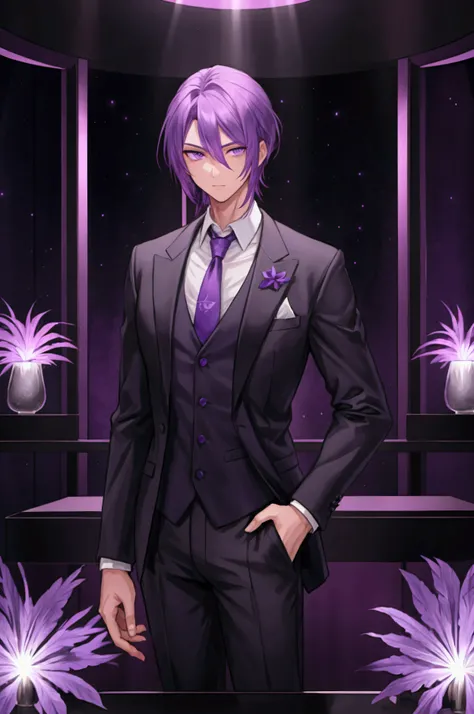 Male, purple hair, purple eyes, fair skin, 183 cm tall, club owner, wearing a suit The background is a club with no people, only lights.