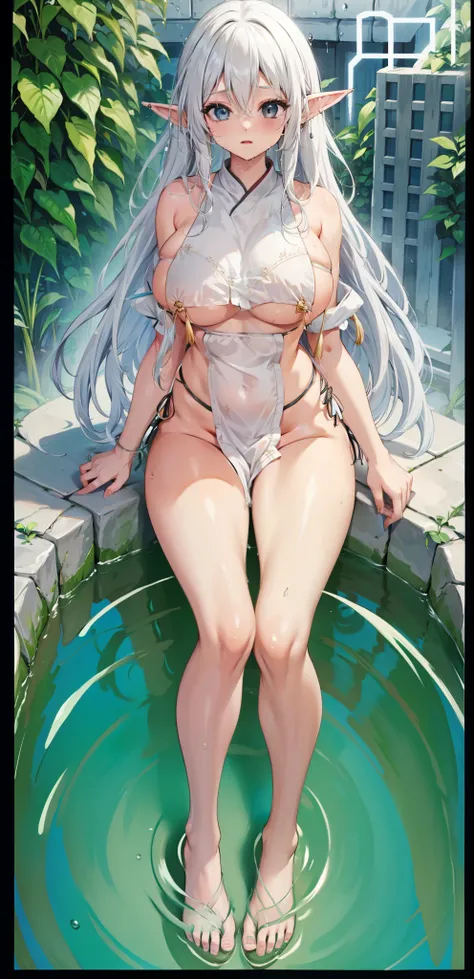 wife，  big breasts  ， bare torso ,    long white hair，Elf ears，outcrop，纹胸，Big thighs ，wet，Water Drops。Aho,bath towel