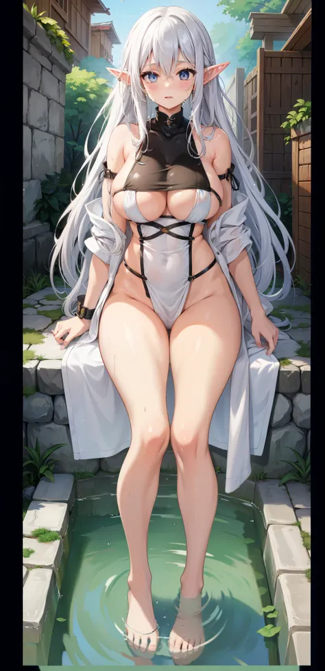 wife，  big breasts  ， bare torso ,    long white hair，Elf ears，outcrop，纹胸，Big thighs ，wet，Water Drops。Aho,bath towel