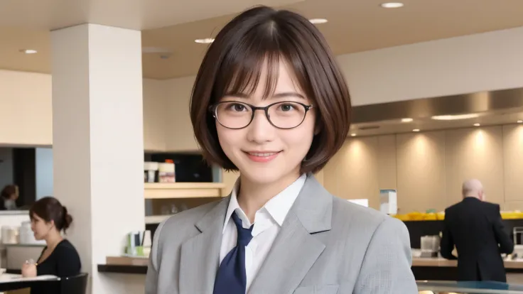 335 (20-year-old female, short hair), ( high image quality), (smile), (Glasses、 colorful business suit), (at cafeteria )