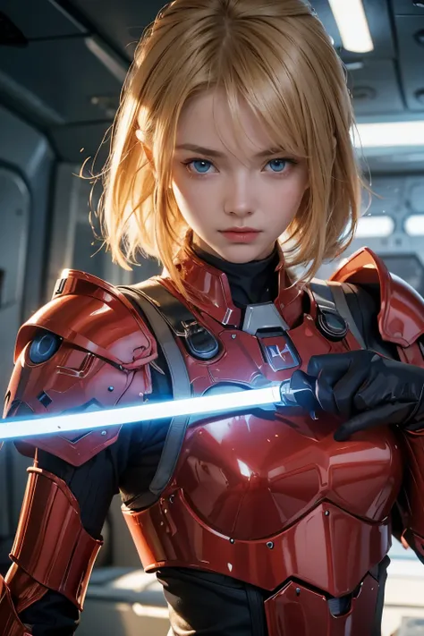 A beautiful woman. Sixteen years old. Blonde hair and blue eyes. She is wearing red armor. She is looking at the camera with a defiant expression. She holds a lightsaber in one hand. Shes in a spaceship.