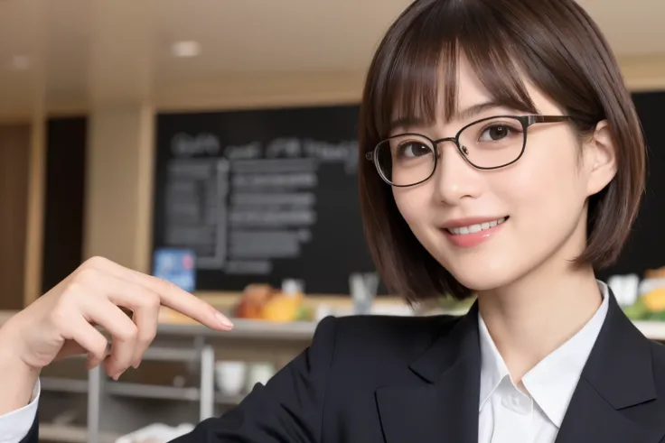 335 (20-year-old female, short hair), ( high image quality), (smile), (Glasses、 colorful business suit), (at cafeteria )