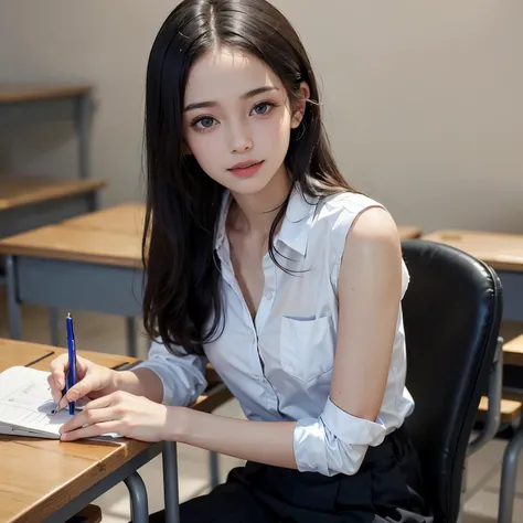 ((masterpiece)), ((best quality)), ((ultra-detailed)),((hyperrealistic)),(cute girl),(shiny skin),(black hair),long hair,forehead,(plain forehead),(black eyes,tareme,droopy eyes),(small breasts.slenderbody),,school uniform, school classroom,desk,smile,sitt...