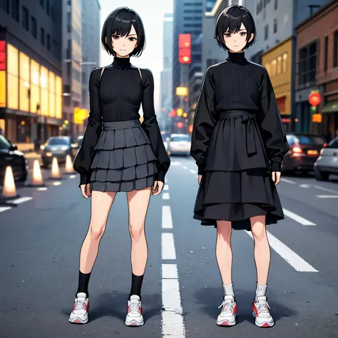 Inside the street,one 1 boy,fem boy,((crossdresser)),black short hair,slender body,((full body)),displeased,sulky,((flat chest)),((ribbed sweater)),((layered skirt)),((maxi length checkered skirt)),((socks)),((sneaker)),4K, 8k, High resolution, masterpiece...