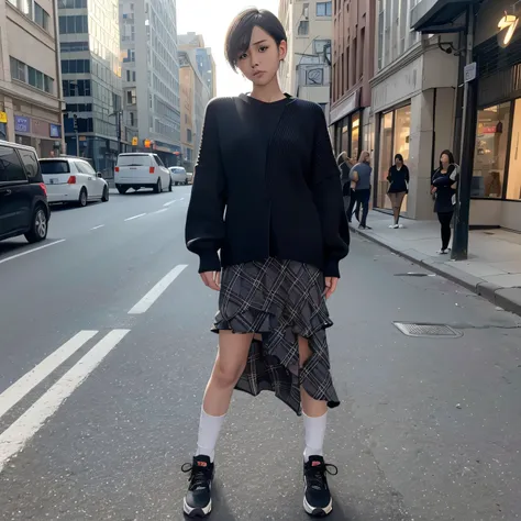 Inside the street,one 1 boy,fem boy,((crossdresser)),black short hair,slender body,((full body)),displeased,sulky,((flat chest)),((ribbed sweater)),((layered skirt)),((maxi length checkered skirt)),((socks)),((sneaker)),4K, 8k, High resolution, masterpiece...