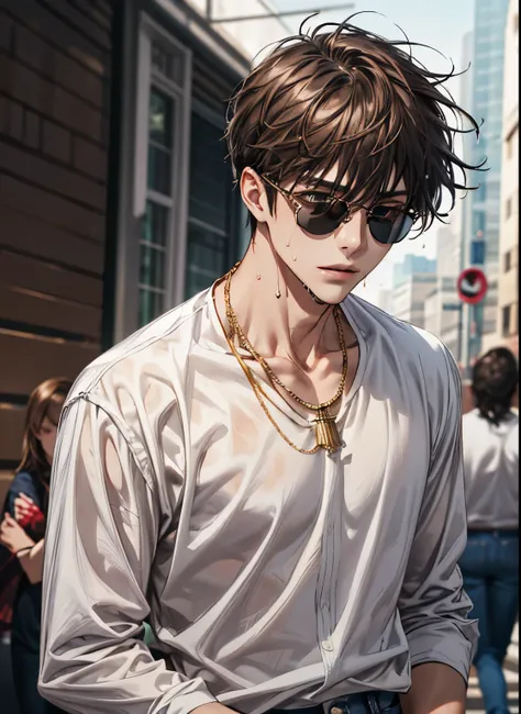  high definition 、 super detailed、Male 1 person、 handsome、Tall and muscular、 mature、( white shirt、jeans)、 wet、 colorful 、Artistic、 depth of field、Focus on gentle facial features、Dark brown hair、Beautiful Boy、 wearing round sunglasses 、 gold chain necklace 