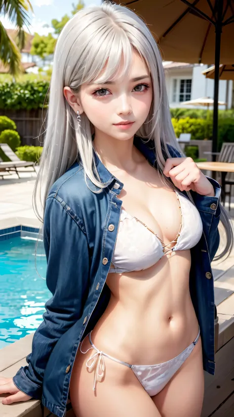 ((Wearing a open shirt over a lace-up bikini theme:1.5)), ((Lunchtime at the poolside café:1.3)), ((tropical juice and sandwiches on the table:1.3)), (slim:1.4), ((medium breast:1.3)), necklace, earring, bracelet, (alluring face), (light smile:1.5), BREAK,...