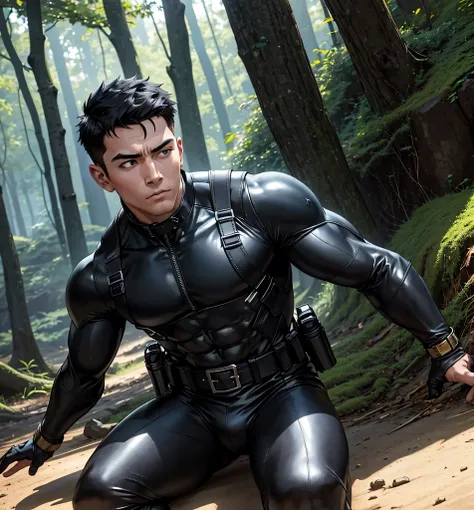 Age 27,  One Man,Muscular、 black bodysuit 、 black leather pants 、Shocker Belt、 black gloves 、  black boots 、Combatant、Combat pose、 Face、 in the woods、Explosions and explosions all around 　 feet 　Sit spread out。Gay、logic, ,  black hair。  pretty short, short...