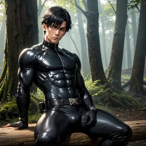 Age 27,  One Man,Muscular、 black bodysuit 、 black leather pants 、Shocker Belt、 black gloves 、  black boots 、Combatant、Combat pose、 Face、 in the woods、Explosions and explosions all around 　 feet 　Sit spread out。Gay、logic, ,  black hair。  pretty short, short...