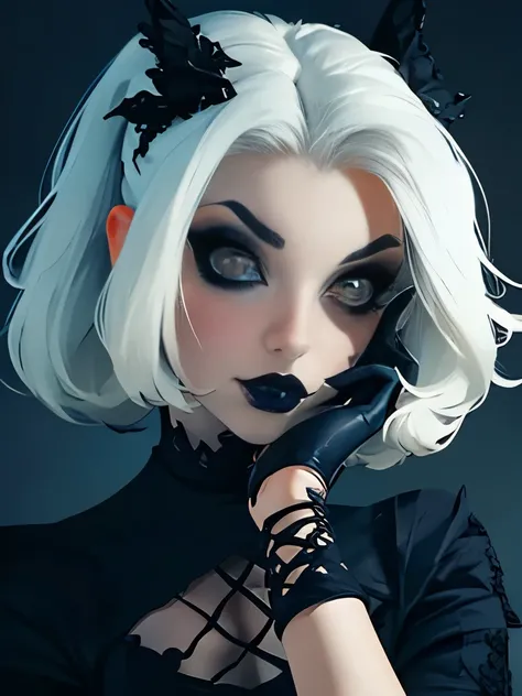  a woman with long white hair and black gloves, digital art inspired by Aaron Nagel, tumblr, gothic art, pale goth beauty, goth girl aesthetic, goth aesthetic, goth makeup, gothic aesthetic, gothic makeup, perfect white haired girl, intense white hair, kil...