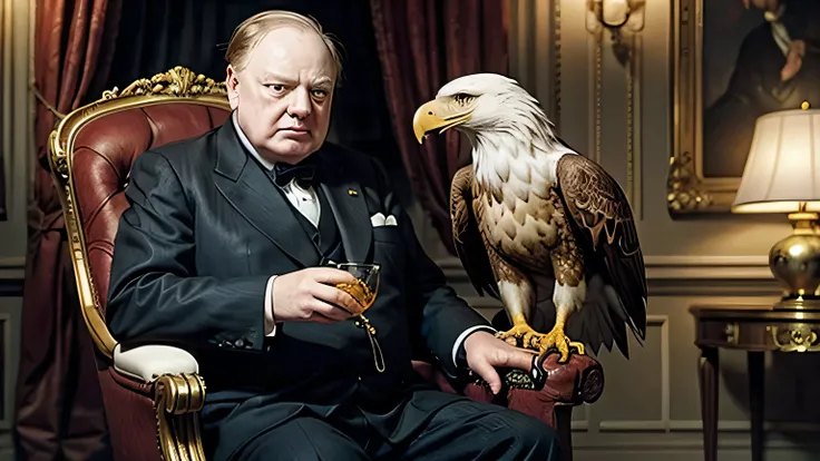 Churchill President HOLDING AN EAGLE SITTING ON A GOLDEN CHAIR