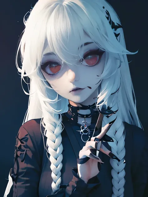  a woman with long white hair and black gloves, pale goth beauty, goth girl aesthetic, goth aesthetic, goth makeup, gothic aesthetic, gothic makeup, perfect white haired girl, intense white hair, killstar, gothic eyeliner, cruel korean goth girl, wearing g...