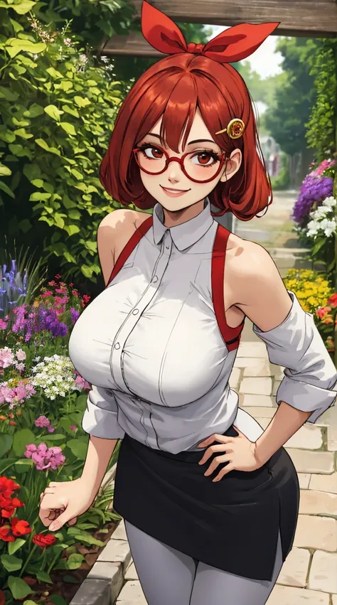 masterpiece, best quality, purah, red glasses, hair ornament, hair stick, red headband, white shirt, bare shoulders, white jacket, black skirt, orange leggings, large breasts, looking at viewer, entrance, garden, leaning forward, upper body, hands to hips,...