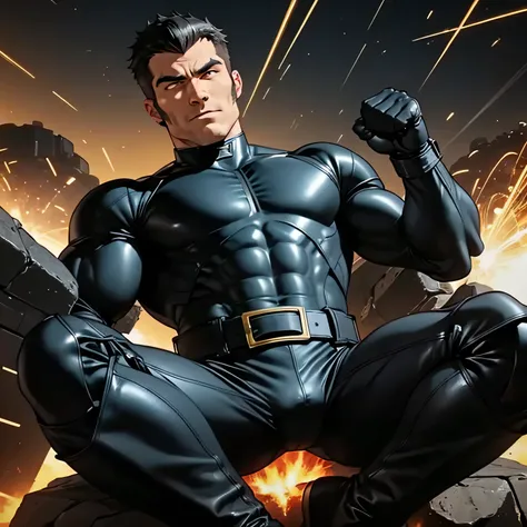 Age 35,  One Man,Muscular、 black bodysuit 、 black leather pants 、Shocker Belt、 black gloves 、  black boots 、Combatant、Combat pose、 Face、battlefield、Explosions and explosions all around 　 feet 　Sit spread out。Gay、logic、Handsome soldier　プエルトリコ人Face　Cool guy　...