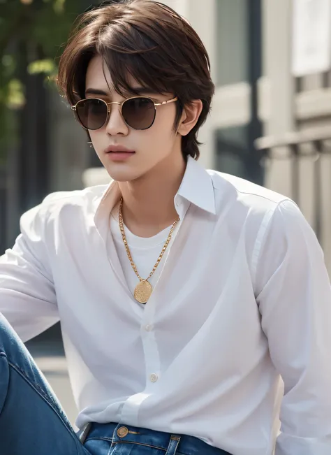  high definition 、 super detailed、1 male、 handsome、 Tall Muscular 、 mature、( white shirt、jeans、 colorful 、of、 depth of field、 Focus on Serene Facial Features、Dark brown hair、Beautiful Boy、 Wearing Round Sunglasses 、 Gold Chain Necklace 、No bangs