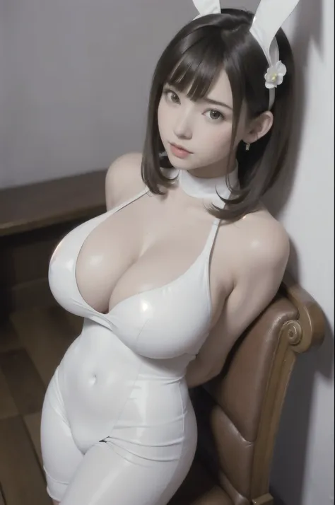 masterpiece,  best quality,  super high resolution , ( Photorealistic :1.4),  beautiful face details ,  attractive European woman showing off her big cleavage, (sexy white bunny suit:1.5),  very cute, Gentle skin, perfect face,  short bob, 8k resolution, s...