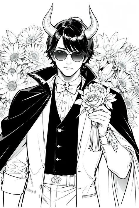 masterpiece, , man , only,  cute halloween  ,  floral line background ,  white background , Monochrome, Line Art, handsome man , high quality , horns , black cape , sunglasses , middle hair, long bangs 