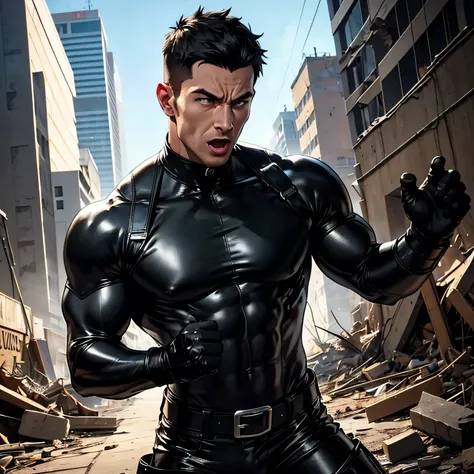 Age 35, One Man,Muscular、 black bodysuit 、 black leather pants 、Shocker Belt、 black gloves 、 black boots 、Combatant、Combat pose、 Face、City of Rubble bombing inflammation feet Spread it out、Gay、logic、Handsome soldier Cool guy Upper Body Up Im scr...