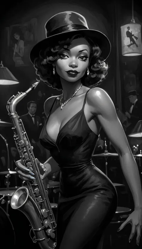 alabama bar, blue note, charismatic, baterist, guitarist, saxophonist, jazz band, bw, illustration, noir fantasy, sexy saxopianist lady,