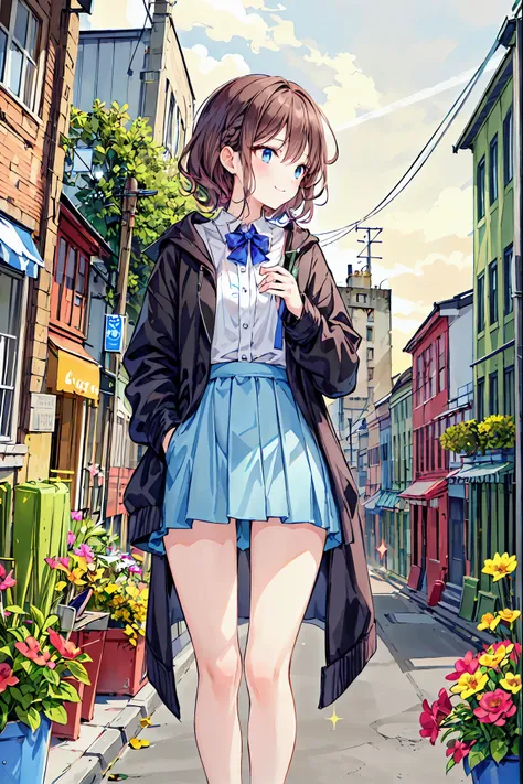 Brown Hair, shortcut, messy hair, short braided hair,Neat, slender beauty,Dignified posture, small breasts, beautiful legs with tails, Her enchanting gray-blue eyes sparkle like stars, bright color, beautiful eyes ,A delicate smile,textured skin,Boasting ...