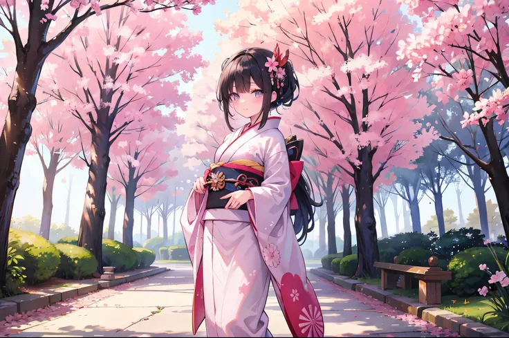 An anime girl with black hair in a kimono is standing under a tree with pink cherry blossoms blooming, Anime pictures inspired by Nishikawa Sukenobu, Sketch of  ,  fantasy art ,  more beautiful than Kira, Anime Style 4k, Japanese Art Style ,  Animation,  m...