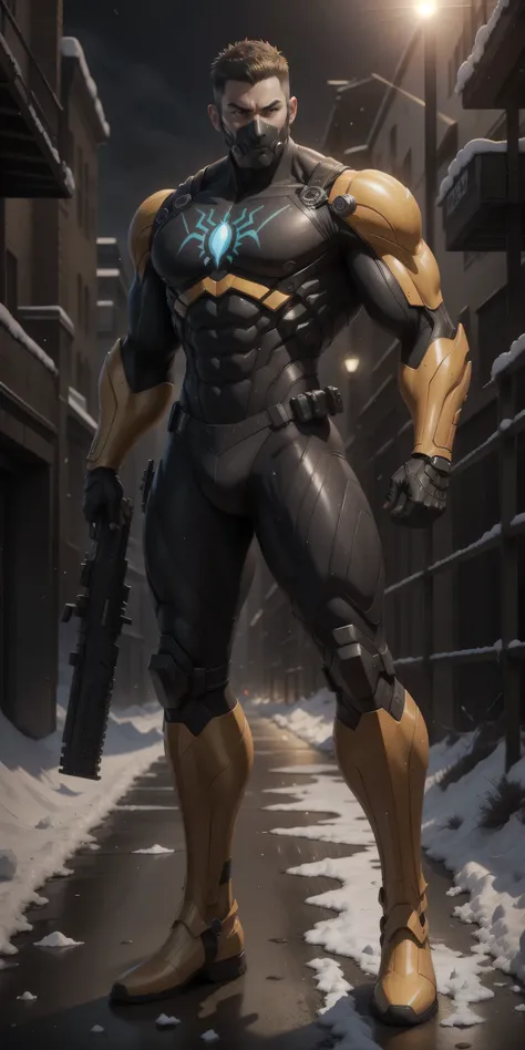 spider-man, a 2-meter-tall Muscular man，Dark Yellow Robocop Helmets ，Dark Yellow camo nano mecha ，Police hat，Perfect mechanical mask ， character concept （Resident Evil - Chris Redfield，Chris Redfield）Senior Police Officer，Small plaid texture ，Regular symme...