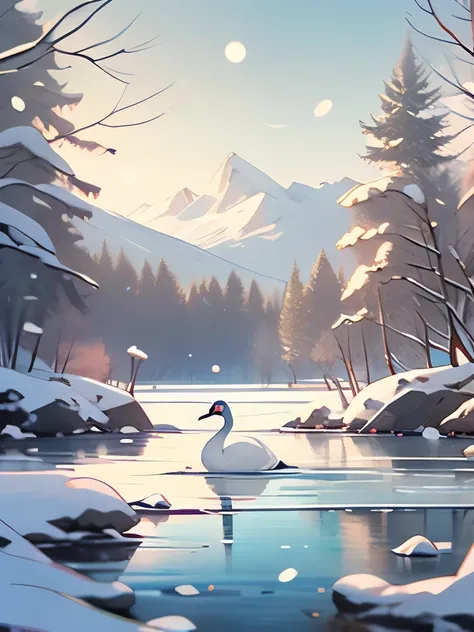 snowy scene of a swan swimming in a lake with trees and rocks, peaceful and graceful, cold but beautiful, winter lake setting, in a snowy forest setting, icy lake setting, in an icy river, by Anna Haifisch, swans, ice snowy lake setting, guardian of the ho...