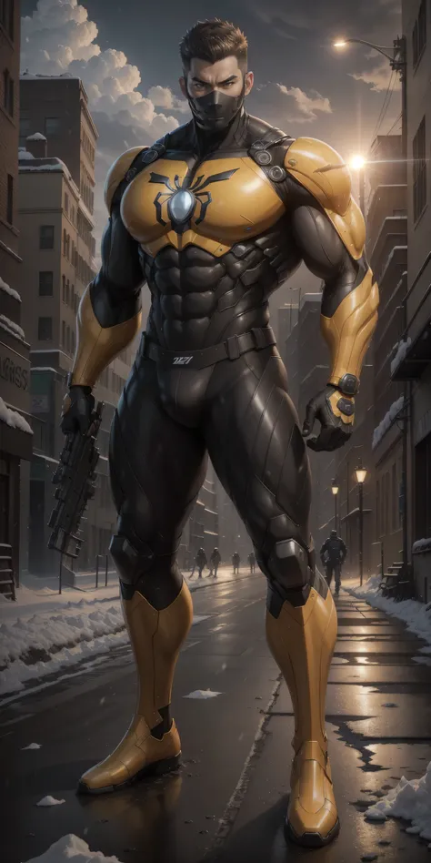 spider-man, a 2-meter-tall Muscular man，Dark Yellow Robocop Helmets ，Dark Yellow camo nano mecha ，Police hat，The perfect big mask， character concept （Resident Evil - Chris Redfield，Chris Redfield）Senior Police Officer，Small plaid texture ，Regular symmetric...