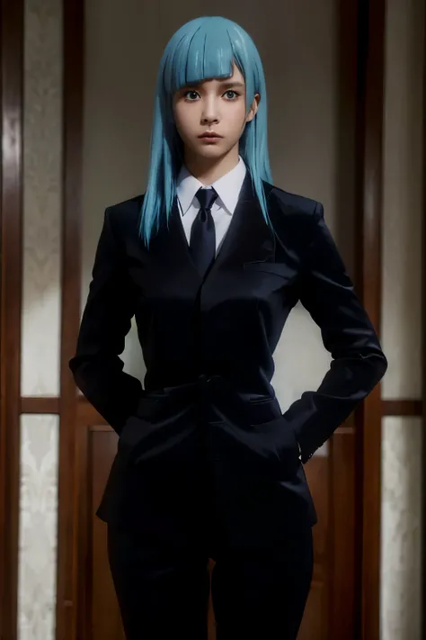 ((masterpiece)), ((best quality)), 1girl, solo, blue hair, Kasumi, long hair, blue eyes, blunt bangs, standing, indoor, looking at viewer, black jacket, black tie