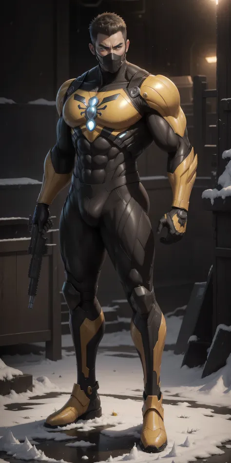 spider-man, a 2-meter-tall Muscular man，Dark Yellow Robocop Helmets ，Dark Yellow camo nano mecha ，Police hat，The perfect big mask， character concept （Resident Evil - Chris Redfield，Chris Redfield）Senior Police Officer，Small plaid texture ，Regular symmetric...