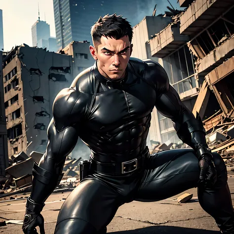 Age 27, One Man,Muscular、 black bodysuit 、 black leather pants 、Shocker Belt、 black gloves 、 black boots 、Combatant、Combat pose、 Face、City of Rubble bombing inflammation feet Spread it out、 cool battle pose 、Gay、logic、Handsome soldier Cool guy Upp...